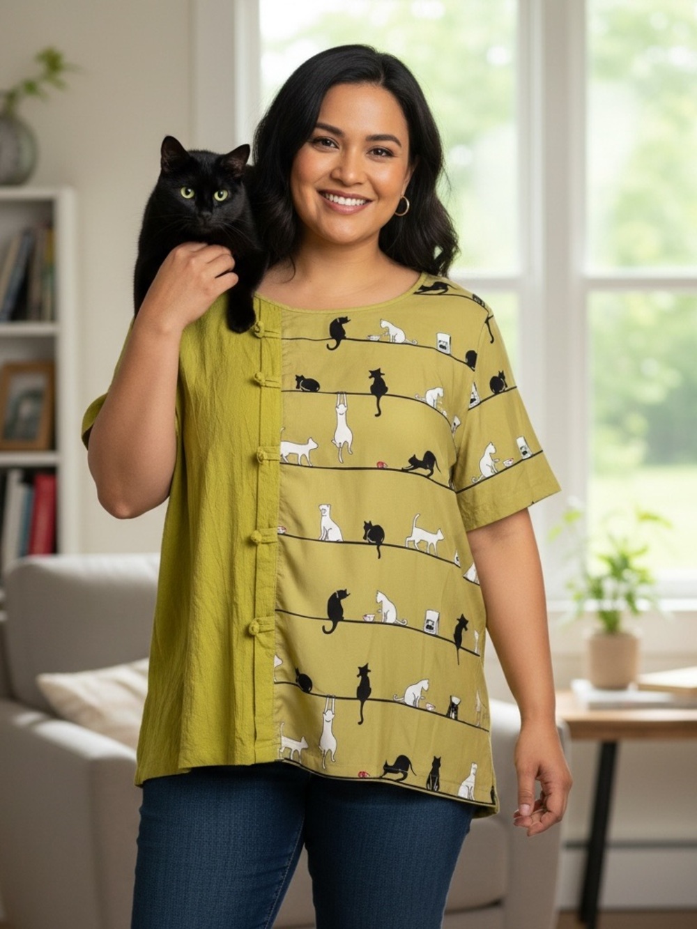 Gracila Chartreuse Short-Sleeve Cat Kitty Print Tunic - Whimsical Size 3XL